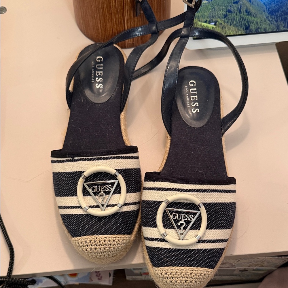 GUESS Black & Cream Striped Espadrille Slingbacks with Logo Medallion